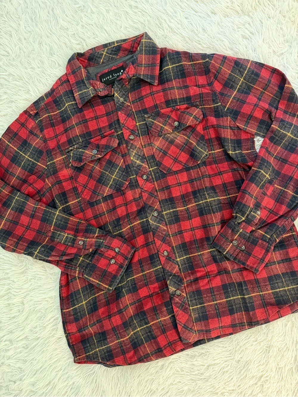 Jared Lang Red Black Plaid Flannel Shirt Stretch Button Up Size L